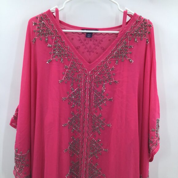 Incredible Women's 30/32 Hand Beaded 2 Piece Pink Boho Tunic Semi-Sheer V-Neck - Picture 3 of 15